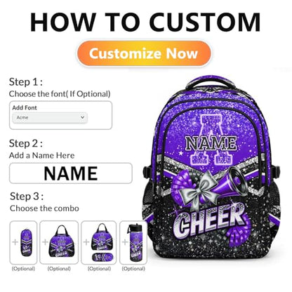 Personalized Girls Schoolbag Custom Cheerleader Backpack, 17 Inch Kids Back to School Cheer Daypack for Elementary Middle School Travel - color: Purple
