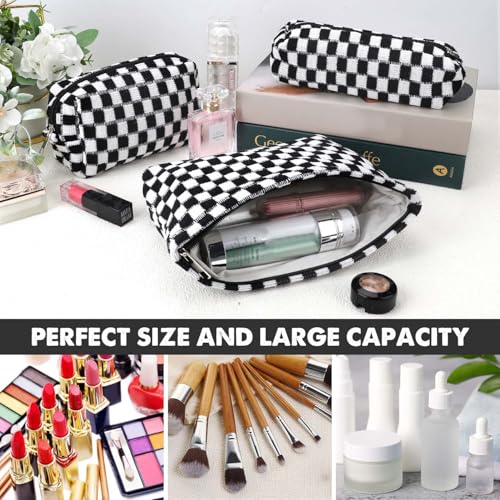 3 Pcs Makeup Bag Cosmetic Bag Set for Girls Women Checkered Travel Organizer Bathroom Toiletry Pouch Large Capacity Storage Bag (Black-White) - color: Black-White