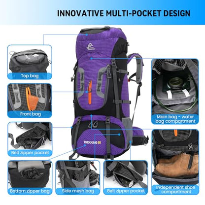 Bseash 80L Waterproof Hiking Camping Backpack with Rain Cover, Lightweight Outdoor Sport Travel Daypack for Climbing Touring (Purple) - color: Purple