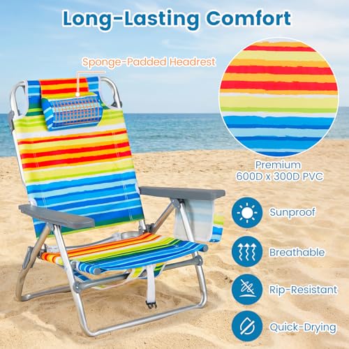 COSTWAY Portable Folding Backpack Beach Chairs Set of 2 with 5-Position Backrest, Padded Headrest, Cup Holder & Ice Bag for Lawn, Poolside (Rainbow Stripe) - color: Rainbow Stripe