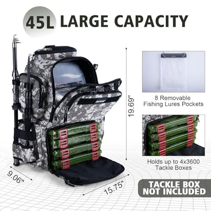 Goture Fishing Backpack, 900D Water-Resistant Tackle Backpack with Rod Holders, 45L Large Fishing Bag Storage Gear Tackle Bag with 8 Lure Pockets, Rain Cover for Camping Hiking(Without Tackle Box) - color: 45L Digital Camo with 8 Lure Pockets