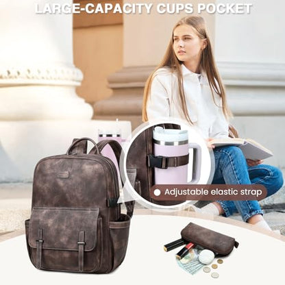 Vegan Leather Laptop Backpack for Women Designer 15.6 Inch PU Laptop Bag, Ladies Travel Computer Work Backpack - color: Two-toned Coffee