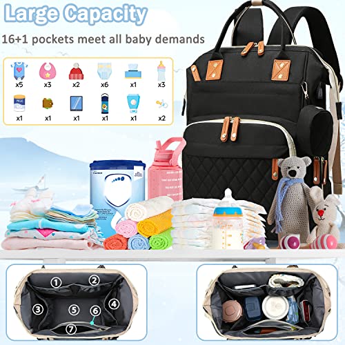 SHITIESHOU Diaper Bag Backpack Baby Bag, Baby Girl Boy Diaper Bag for Dad Mom with Pad, 16 Pockets, Pacifier Case, Large Diaper Bags Unisex for Travel (Black) - color: Black