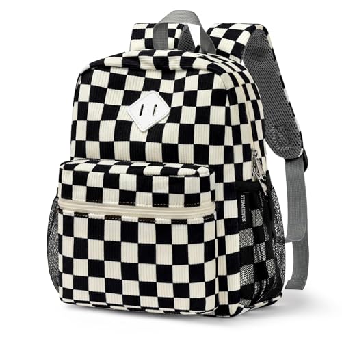 STEAMEDBUN Corduroy Toddler Backpack for Boys Girls 2-4, Kids Preschool Backpack for Kindergarten - Checkered - color: Corduroy Black Checkered, size: Mini-12"H(not fit folder)