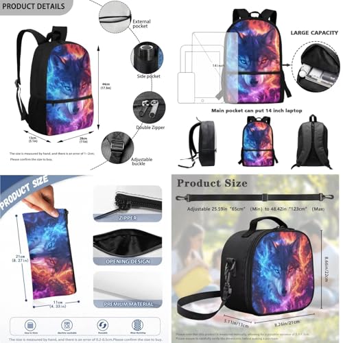 Wolf Backpack for School 3 PCS Kids Boys School Backpacks Set with Insulated Lunch Bag and Pen Bag Pencil Case Casual Daypack Book Organizers Backpack - color: Wolf Cool