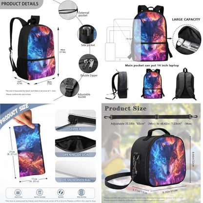 Wolf Backpack for School 3 PCS Kids Boys School Backpacks Set with Insulated Lunch Bag and Pen Bag Pencil Case Casual Daypack Book Organizers Backpack - color: Wolf Cool