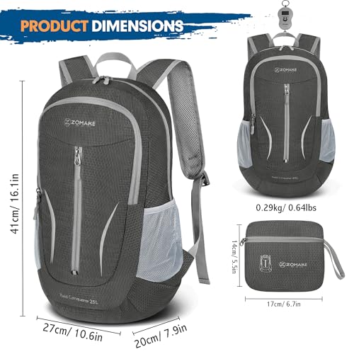 ZOMAKE Ultra Lightweight Packable Backpack 25L, Foldable Hiking Backpacks Water Resistant Small Folding Daypack for Travel(Medium Grey) - color: Medium Grey-c