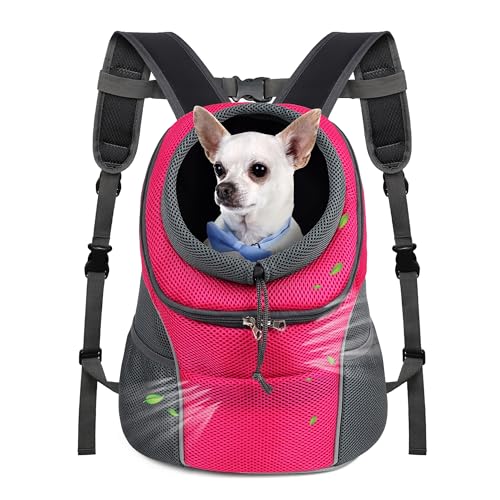 WOYYHO Pet Dog Carrier Backpack Small Dog Front Backpack Ventilated Dog Carrier Back Pack with Storage Pockets, Adjustable Straps & Safety Belt for Travel Hiking Outdoor (Size M: 5-9 lbs, Rose) - color: 3-Rose