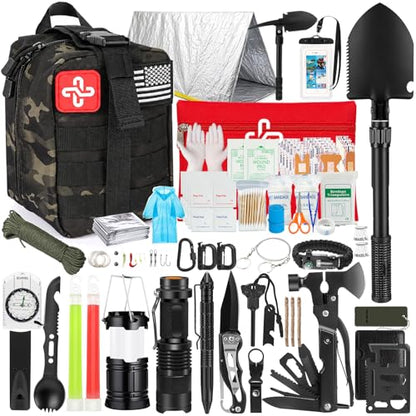 Survival Kit, 250Pcs Survival Gear First Aid Kit with Molle System Compatible Bag and Emergency Tent, Emergency Kit for Earthquake, Outdoor Adventure, Hiking, Hunting, Gifts for Men Women - color: C-Camo-Black&Grey