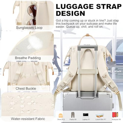 AIJIEKE Lunch Backpack for Women, 15.6 Inch Laptop Backpack with Detachable Insulated Cooler Lunch Box, 2-in-1 Water Resistant Work Computer Bag for Nurse Teacher College Commute, Beige - color: Beige