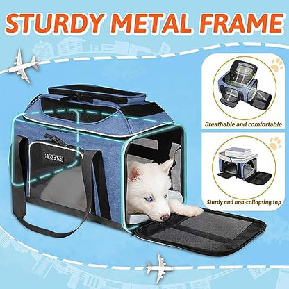 Petskd Top-Expandable Pet Carrier 17x12x8.5 Inches JetBlue Allegiant Spirit Airline Approved, Soft-Sided Carrier for Small Cats and Dogs with Locking Safety Zippers and Anti-Scratch Mesh(Blue) - color: Blue, size: 17.0"L x 12.0"W x 8.5"H