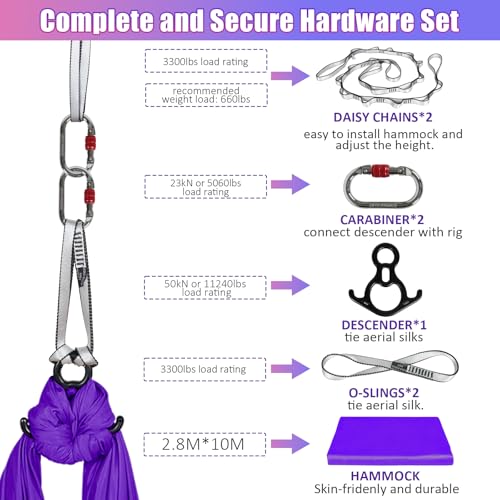 Aerial Silks Kit & Aerial Yoga Hammock - 11Yd Premium Fabric with Hardware - Easy Setup for Flying Yoga, Aerial Swing & Fitness - Supports Up to 14ft Rigging - color: Dark Purple