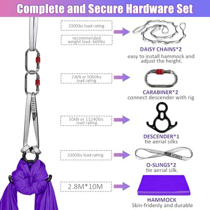 Aerial Silks Kit & Aerial Yoga Hammock - 11Yd Premium Fabric with Hardware - Easy Setup for Flying Yoga, Aerial Swing & Fitness - Supports Up to 14ft Rigging - color: Dark Purple