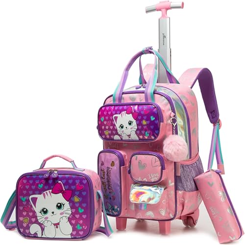 Rolling Backpacks with Wheels for Girls Cute Pink Cat School Roller Backpack,Kids Carry on Travel Luggage with Lunch Bag and Pencil Case for Girls Ages 5-12 - color: A Pink Cat