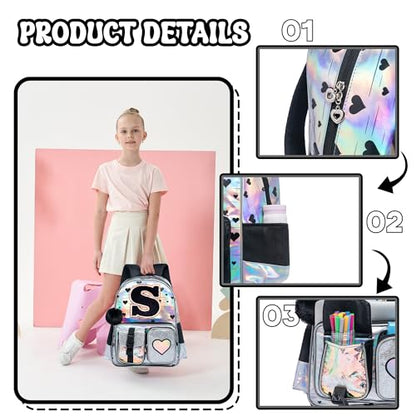 HTgroce Backpacks for Girls School Bag Kids Black Bookbag for Elementary Students Kids Backpack with Lunch Box and Pencil Case - color: Silver, style: S