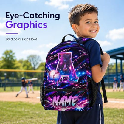 COZYAURA Baseball Backpack for Kids, Personalized Boys School Bag with Custom Name Initial, 17 Inch Monogram Sports Bookbag for Elementary Middle School - color: Purple
