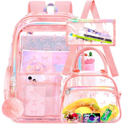 gxtvo 3PCS Transparent Backpack for Girls Heavy-Duty Set for Women & Teen, 17" Pink Clear Bookbag with Rainbow Strap, Sweet Bow See Through School Bag - color: Pink Elegant Bow Clear Backpack Set