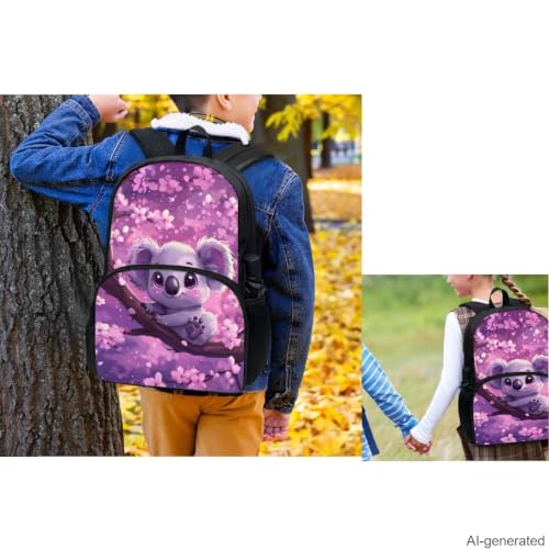 Cherry Blossom Koala Backpack for Girls Kids Backpack with Lunch Box Water Bottle Bag and Soft Pencil Pouch 4Pcs Set 17" Bookbag with Large Front Pocket for School Sturdy Elementary School Bag - color: Cherry Blossom Koala