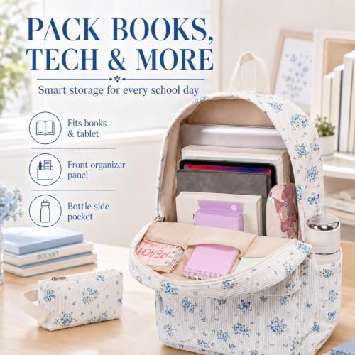 Bluboon School Backpack Set Girls Womens Laptop Bookbag Casual Daypack Fits 15 inch Laptop with Lunch Tote Bag and Pencil Bag - color: Blue Floral 263