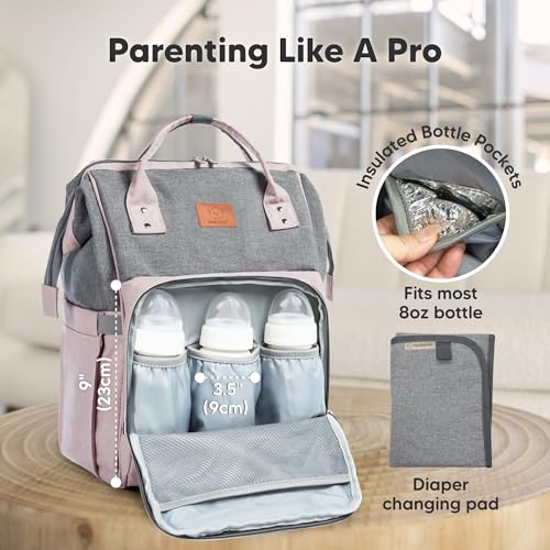 KeaBabies Baby Diaper Bag Backpack - Large Baby Bag for Boys, Girls, Waterproof Multi Function Travel Diaper Backpack with Changing Pad, Durable Travel Essentials for Moms and Dads (Pink Gray) - color: Pink Gray