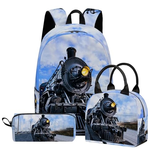 Train 3PCS Backpack for Boys Girls, Kids Back to School Backpack Set with Lunch Box Pencil Case, 17 Inch Lightweight Bookpack 3 in 1 Set for Teens Elementary Middle High School Students - color: Train