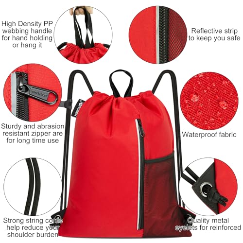 HOLYLUCK Drawstring Backpack Gym Bag For Men Women, String Beach Swim Sports Backpack - color: Red, style: Standard Drawstring