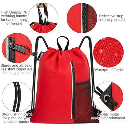 HOLYLUCK Drawstring Backpack Gym Bag For Men Women, String Beach Swim Sports Backpack - color: Red, style: Standard Drawstring
