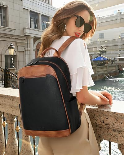 MASINTOR 15.6 inch Leather Laptop Backpack Purse for Women, Designer Travel and Work Bag with Laptop Compartment Black Brown - color: Black Brown