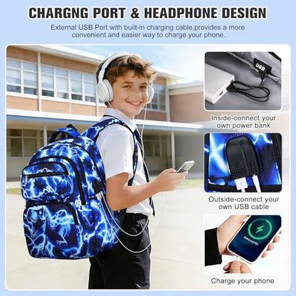 Bevalsa Backpack for Boys, Lightning School Bags with Lunch Bag & Pen Case for Kids, Bookbag for Boys Teens Elementary Middle High School - color: Blue Dinosaur