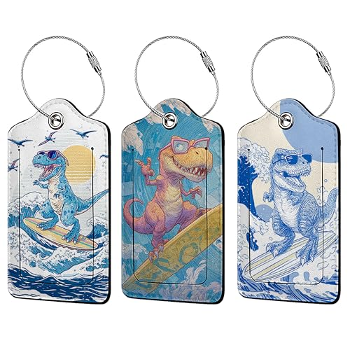 Funny Dinosaur Surfing 3 Pack Luggage Tags for Suitcases,Great Wave PU Leather Baggage Suitcases Tag Name ID Label Privacy Cover Travel Bag Tags for Women Men Boys Girls - color: Funny Dinosaur Surfing
