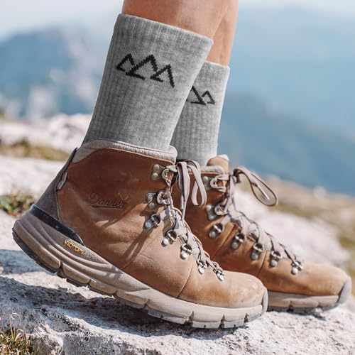innotree Men's Merino Wool Hiking Socks 3 Pairs, Moisture Wicking Cushioned Breathable Crew Socks for Hiking Walking Trekking - color: Grey-brown,grey-white,black-red, size: Medium