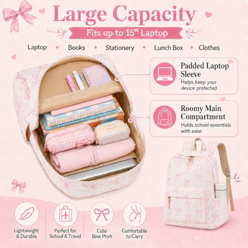 LOIDOU Girls Backpack for Kids Cute School Bookbag - color: Bow Tie Beige, size: L-17"