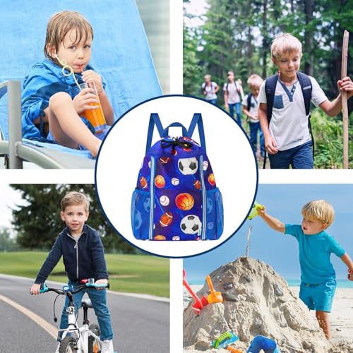 WAWSAM Kids Gym Drawstring Backpack String Bag, Ball Sports Gym Bag for Kids Boys Waterproof Swimming Beach String Cinch Backpack with Two Water Bottle Pocket - color: Ball