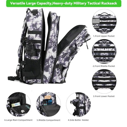 Military Tactical Backpack 55L for Men & Women Bug Out Bag Assault pack Molle Daypack Hiking Trekking Rucksack (Black and white tie dye) - color: Black and White Tie Dye