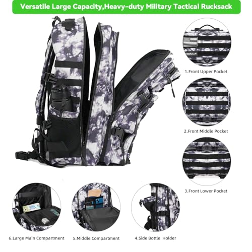 Military Tactical Backpack 55L for Men & Women Bug Out Bag Assault pack Molle Daypack Hiking Trekking Rucksack (Black and white tie dye) - color: Black and White Tie Dye