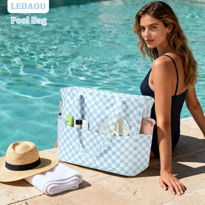 LEDAOU Beach Bag Waterproof Sandproof Women Beach Tote Pool Bag with Zipper for Swim Gym Grocery Travel with Wet Pocket | Sandproof - color: Checkered-blue