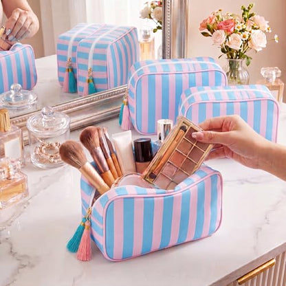 Kacctyen 6 Pack Peony Pink and Slate Blue Striped Makeup Bag bulk with Tassel Travel Cosmetic Pouch Organizer Large Zipper Toiletry Case for Women Aesthetic Storage Pouch Mahjong Tile Bag - color: Peony Pink and Slate Blue