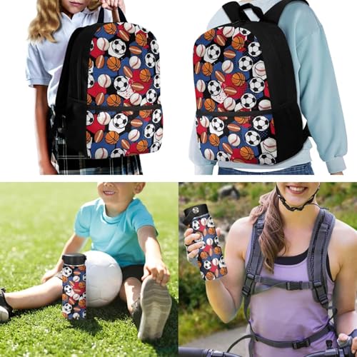 ZOUTAIRONG Cute Backpack and Insulated Water Bottle, Soccer Basketball Rugby School Bags for Boys 7-10/10-12/12-16, Casual Book Bag with Side Pockets - color: Soccer Basketball Rugby
