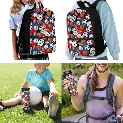 ZOUTAIRONG Cute Backpack and Insulated Water Bottle, Soccer Basketball Rugby School Bags for Boys 7-10/10-12/12-16, Casual Book Bag with Side Pockets - color: Soccer Basketball Rugby
