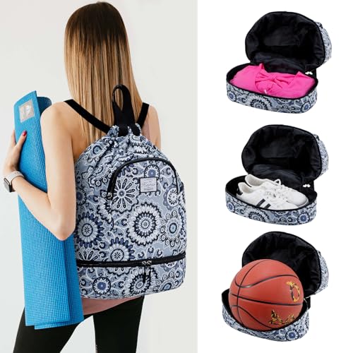 Kamo Drawstring Backpack Bag - Sport Swimming Yoga Backpack with Shoe Compartment, Two Water Bottle Holder for Men Women Large String Backpack Athletic Sackpack for Travel - color: Blue Circle Flower