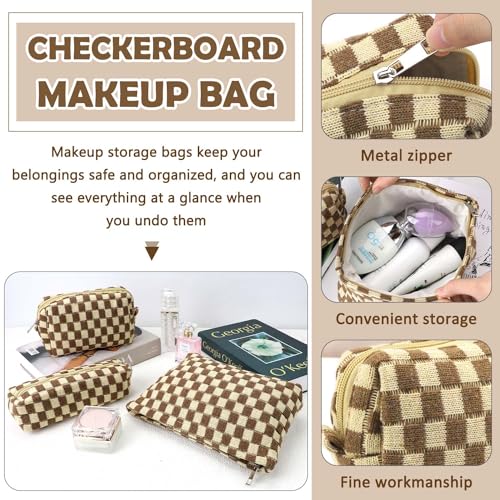 3 Pcs Makeup Bag Cosmetic Bag Set for Girls Women Checkered Travel Organizer Bathroom Toiletry Pouch Large Capacity Storage Bag (Brown) - color: Brown