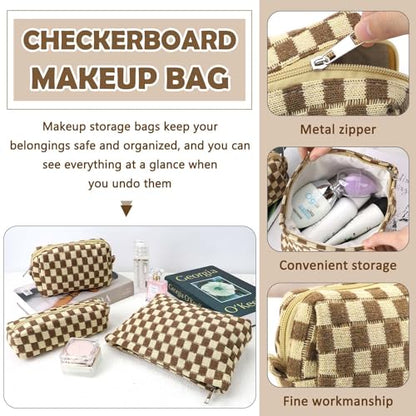 3 Pcs Makeup Bag Cosmetic Bag Set for Girls Women Checkered Travel Organizer Bathroom Toiletry Pouch Large Capacity Storage Bag (Brown) - color: Brown