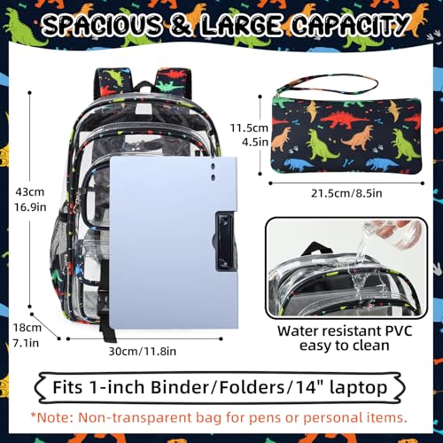Clear Backpack Heavy Duty, Clear Bookbag with Pencil Case, Large See Through Backpack Plastic Transparent Backpacks for Primary College Work Travel - color: Dinosaur