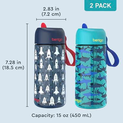 Bentgo Kids Water Bottle 2-Pack - Leak-Proof Durable Tritan BPA-Free 15 oz Cup for Kids/Toddlers Ages 3+; Bite & Sip Spout + Dishwasher Safe for School/Sports/Daycare/Camp (Rocket/Shark) - color: Rocket & Shark