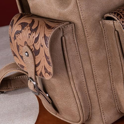 Montana West Wrangler Backpack Purse for Women Men Western Backpack Floral Tooled Travel Bags - color: Carve Khaki