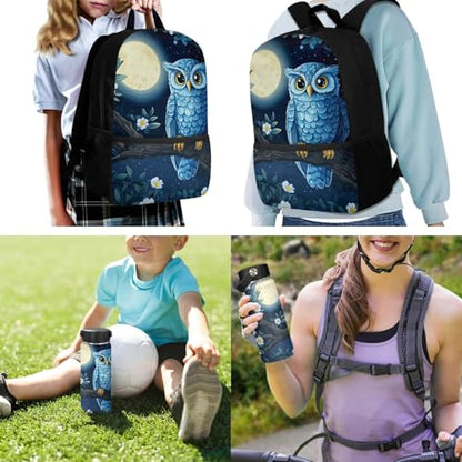 ZOUTAIRONG Moon Owl Backpack for School and Small Thermos School Bags for Girls Boys 7-10/10-12/12-16, Casual Backpack with 2 Side Pockets - color: Moon Owl