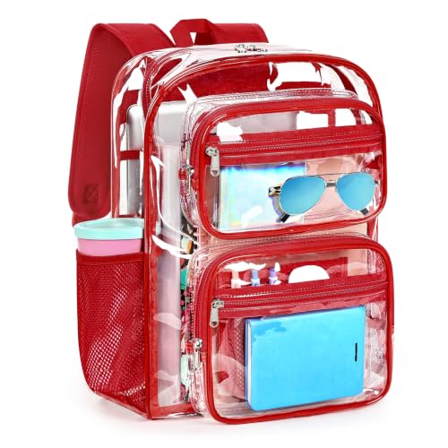 ZORFIN Heavy-Duty Clear Backpack for School and Work, Large Transparent Bag with Reinforced Straps - color: Red, size: Large