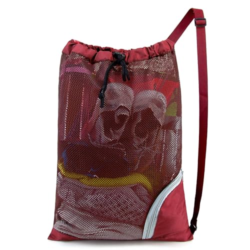 BeeGreen Mesh Drawstring Bag Swim Backpack for Beach Pool Sports Gym Draw String Cinch Bags for Swimming Soccer Basketball Gear Red - color: Red, style: Mesh Bag