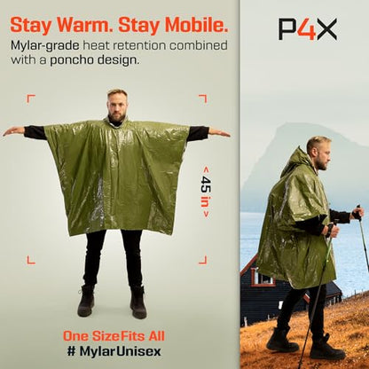 PREPARED4X Emergency Mylar Poncho – Survival Rain Poncho with Hood – Lightweight, Compact, Reusable Emergency Blanket Poncho for Hiking, Camping, Thermal Gear, Car Kit, Outdoors - color: Green 4-pack