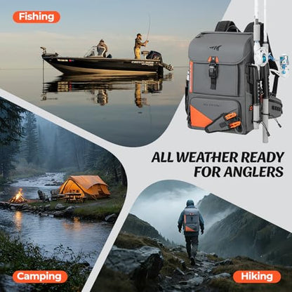 KastKing All Weather Fishing Tackle Backpack with 4 Waterproof Tackle Boxes & Removable Rod Holders,Waterproof ArmorShield Fabric Fishing Bag Storage Fishing Gear - color: A: Grey（With 4 Waterproof Tackle Boxes）